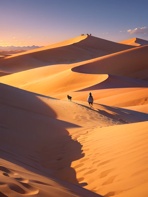 the most beautiful deserts in the world, sand dunes at sunset in the desert, purplish gradient sunset, a few camels look small i...