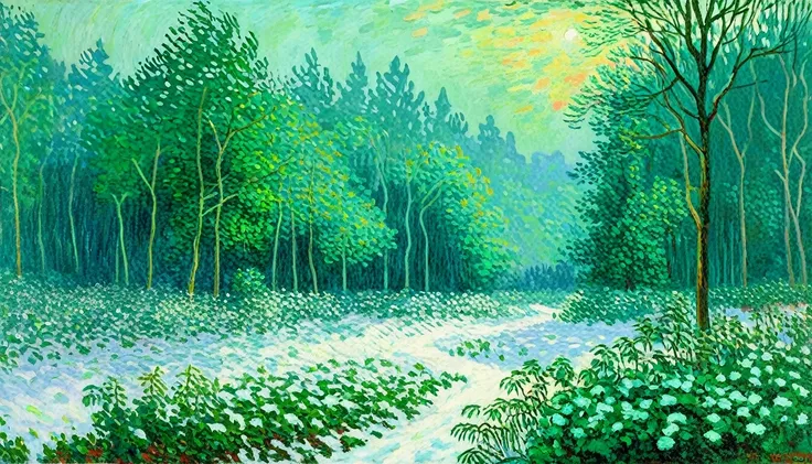 （claude monet），forest cold background ,(landscape、forest details） ,( solitary),claude monet style