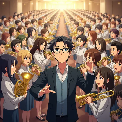 100 young people playing musical instruments, men and women having fun, anime style, brass band hall, the conductor is a man wea...