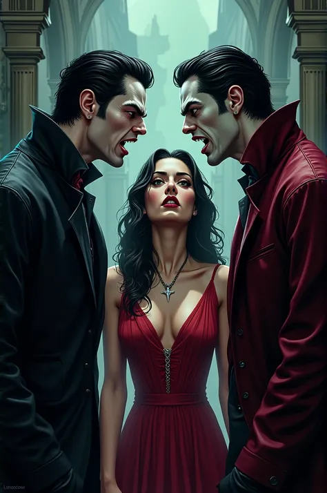 make a comic image, two male vampires at odds over a woman