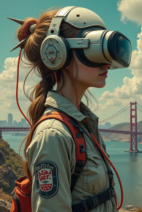 Vintage style avatar of a teenage female wearing a high-tech VR headset, situated in an otherworldly San Francisco backdrop, pos...