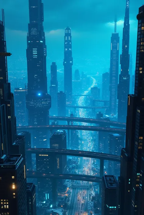 cyber city , neon blue , perspective from above