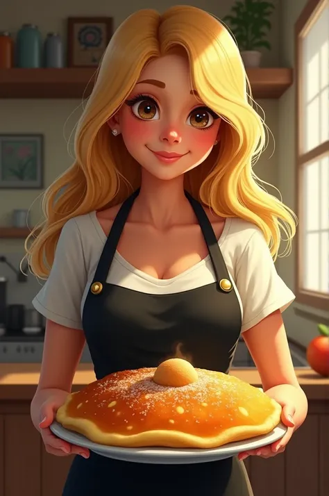 blonde girl, with a black apron he holds a typical venezuelan dish called cachapa