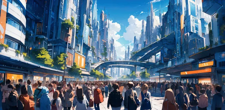 masterpiece,high resolution,future city,noon,street vision.bustling street,a large number of people,busy,signal