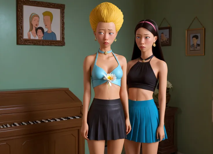 hyper realistic, perverts beavis and butthead offering a cute yuna (sad, disgusted, age 25, halter top, mini skirt) a lotus flow...