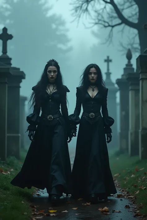 cinematic, vampire slayers, walks in an gothic cemetery at night wearing a gothic steampunk fashion dress, fog and rainy conditi...