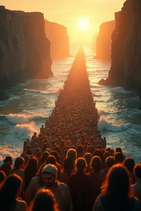 create an epic and cinematic image of the biblical scene where the red sea is parted, with a vast crowd crossing the dry land be...