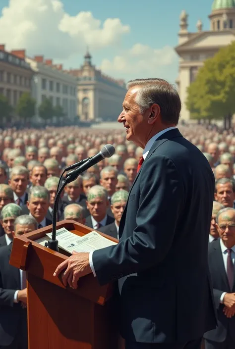 a man from the elite of society, who is a politician and candidate for mayor, giving a speech to the people, in the open air, bu...