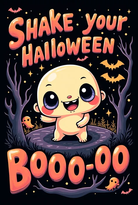 halloween poster line art, kawaii halloween, Black background, Capital letters, надпись на весь постер Shake your booooooo-ty