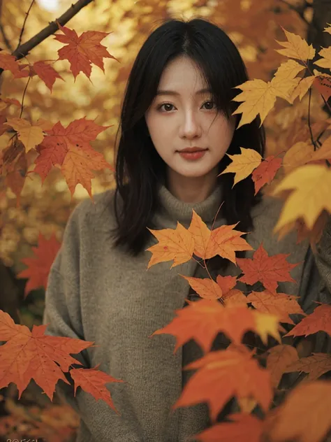 photograph、4k、realistic、autumn leavesした木々、in the forest、autumn、autumn leaves