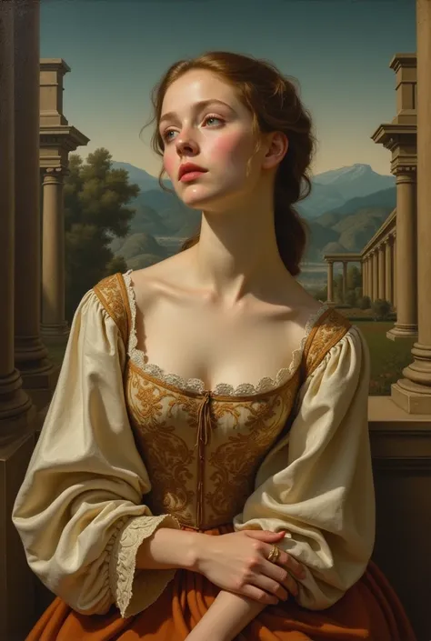 create a renaissance-style painting of a woman wearing a flowing, elegant dress typical of the period, with a serene yet detaile...