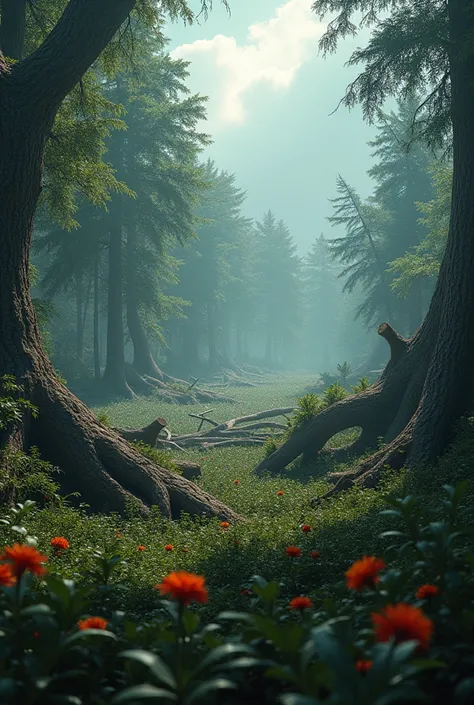 storm broken and uprooted trees in the forest clearing flowers realistic