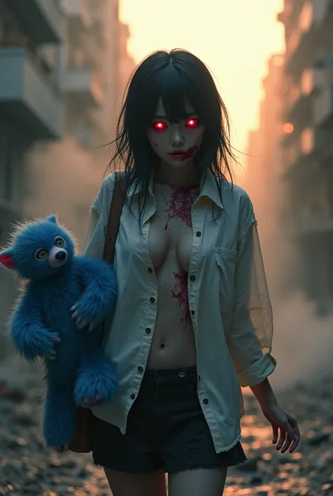 um no,  japanese beautiful teenage school zombie, exposing her in a torn shirt , blue fur, eyes red , it is cute, carrying a boy...