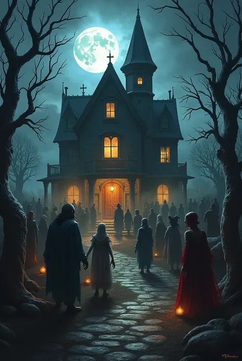 Send me some images where there is a group of monsters, Witches, zombies and other scary figures walking towards a haunted house...