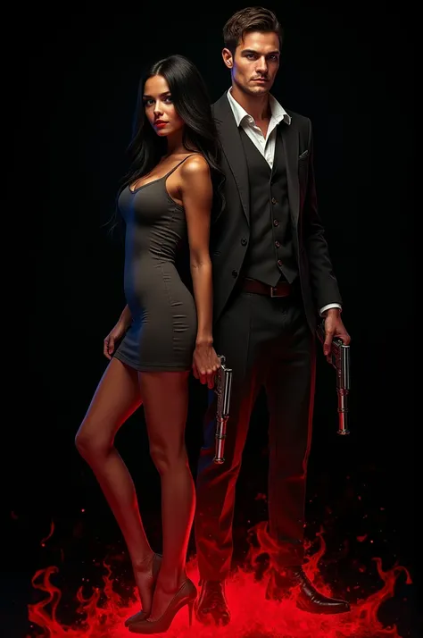 Black background image with a mafia feel showing a beautiful woman with grey eyes, medium-dark skin and long black hair with a s...