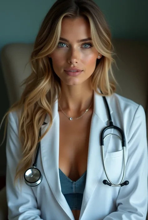 sexy doctor, stethoscope on neck, cleavage, blonde, smile, gorgeous, brown hairs, blue eyes, piercing, on arm chair, necklace th...