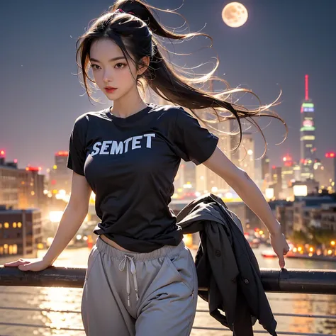 (masterpiece), a woman wearing a t-shirt and sweatpants, long hair, dancing, ponytail (highest quality), super resolution, very ...