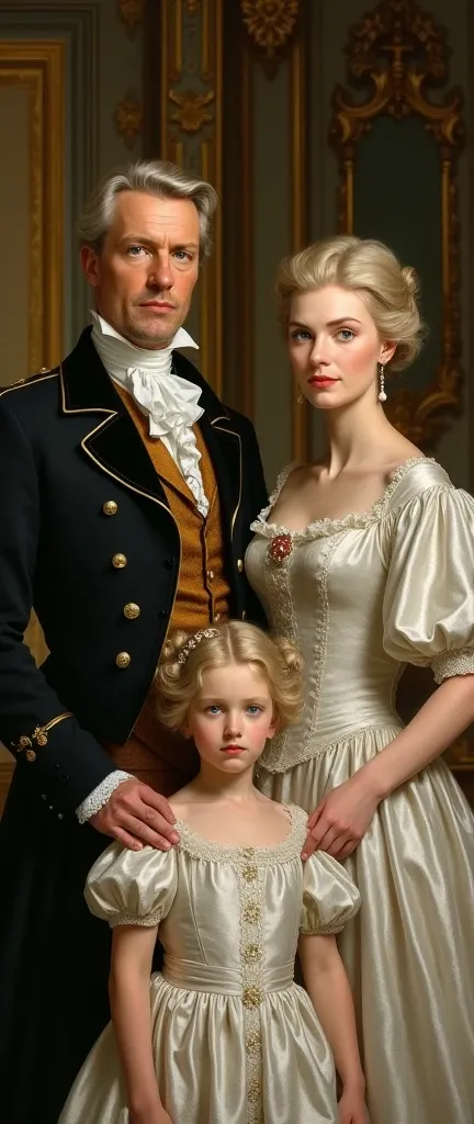 family portrait of german aristocrat family, a father, a mother, and a daughter, all have ash-blonde hair, blue eyes