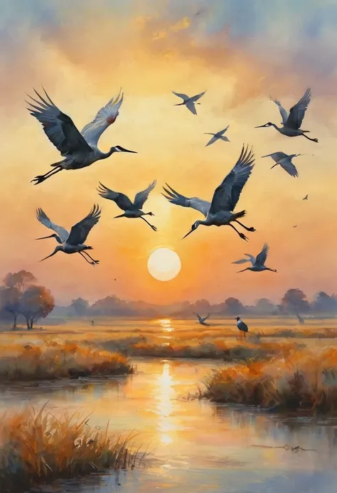 watercolour landscape, many birds flying in the air at sunset, cranes, two cranes flying across the sun, birds flying in the sun...