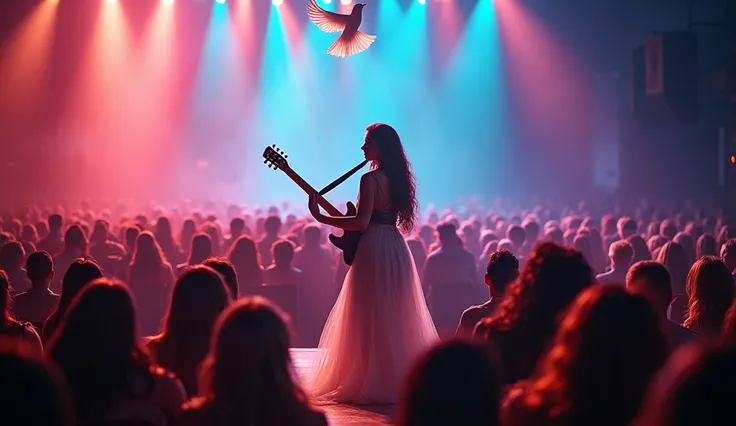 (photorealism:1.2), a woman playing guitar on stage surrounded by an audience, a holy dove flying above, vibrant lighting, dynam...