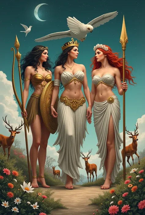 artemis with bow and arrow and dark hair, athena with spear and shield and helmet and dark hair, aphrodite with shells and red h...