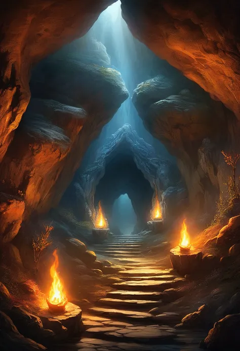 entrance to a cave, torches illuminating the entrance