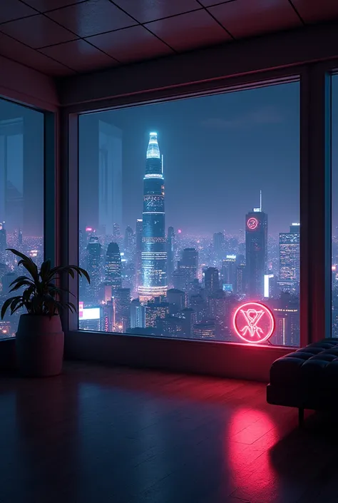Cyberpunk, Room with a city night view、 Lofi Chill Tokyo, neon logo