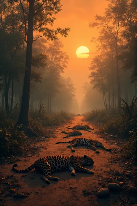 make a picture of an empty path in the middle of the forest in the amazon fires, put dead jaguars and dead macaws around you put...