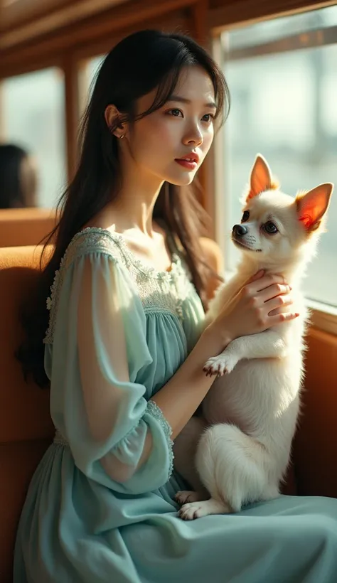 a beautiful slender asian woman model, small figure,long hair, wearing a vintage pale blue long dress,  roundneck, fril hem,  fa...