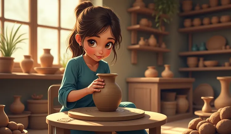 an 2 beautiful potter girl with brown hair and big brown eyes wearing  blue shirt skin trouser  pottering on wheel vase in her w...