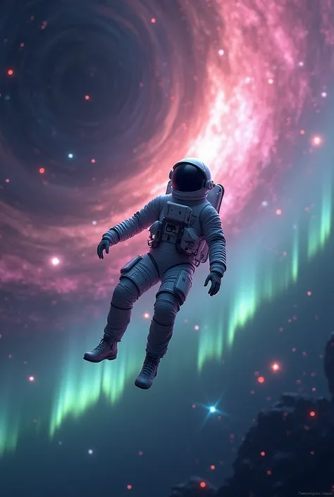 zoomed out view of a male floating in outer space, detailed astronaut suit, galaxy, planets, night sky, bright stars, pink and b...