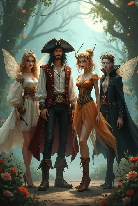 little fairy in pirate clothes and another fairy in wizard clothes and another fairy in fairy clothes and another fairy in vampi...