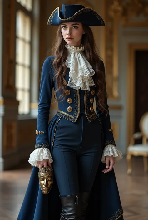 a girl dressed in 1710s mens versailles mens suit. a historical rococo costume with a navy blue frock coat, waistcoat, knee-leng...