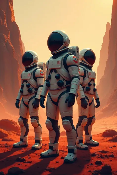 create a poster design with a mars landscape and astronauts in space suits without helmets.