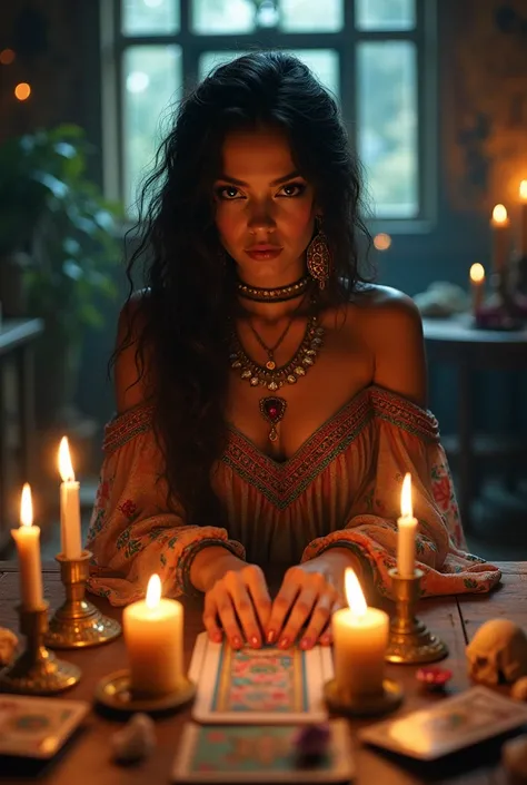 create an image of a gypsy, a 3 fortune teller, she is sitting behind a table and there are candles on the table, the decoration...