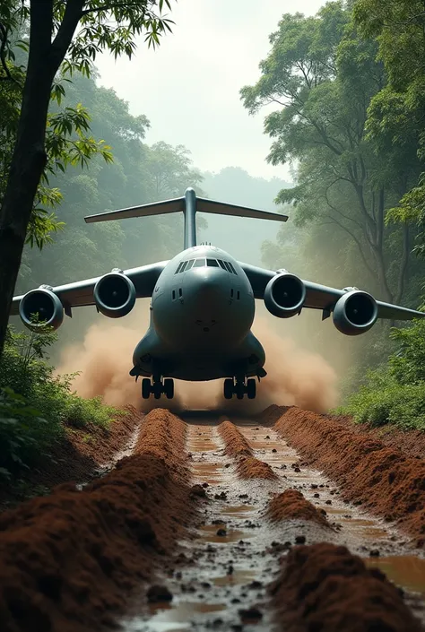 the boeing c-17 globemaster iii landing on a narrow, muddy dirt strip in a remote jungle. its large tires throw up dirt and debr...