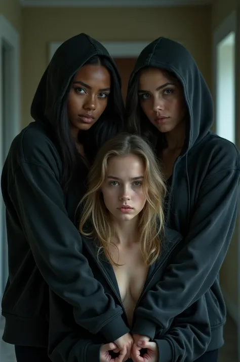A photo of a lesbian romance between three dark-skinned, fat women wearing hoodies and evil smiles. They are looking at a cute b...