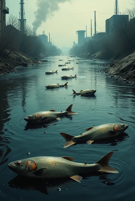 Create an image of a polluted river with dead fish as a poster,with a sentence written "perform correct oil disposal,for a more ...