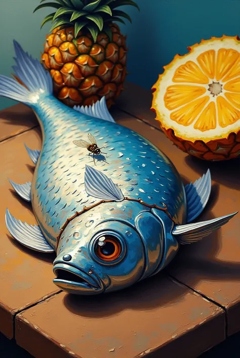 Abstract movement oil painting.
a fish on a table.
The painting is in a close-up shot.
The fish&#39;s scales shine.
There is a h...