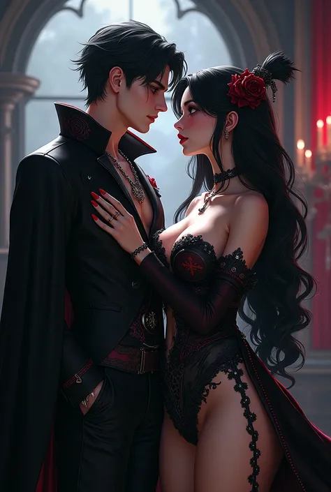 Create a sexy vampire style hero costume and anime style witch, with big tits and big ass