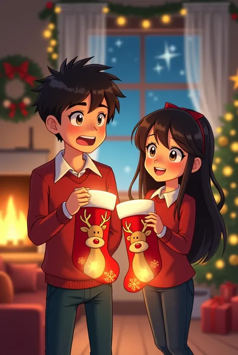 Visual Description: Juan opens his gift, showing a pair of Christmas stockings with reindeer that have little lights that glow. ...