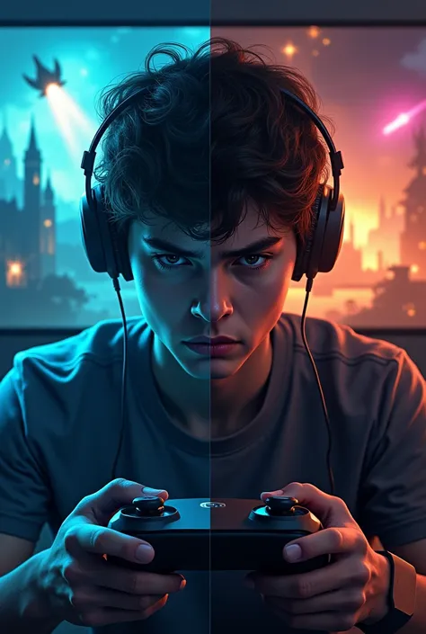 main image: a gamer with a video game controller in his hands, half of the face illuminated by the brightness of the screen, wit...