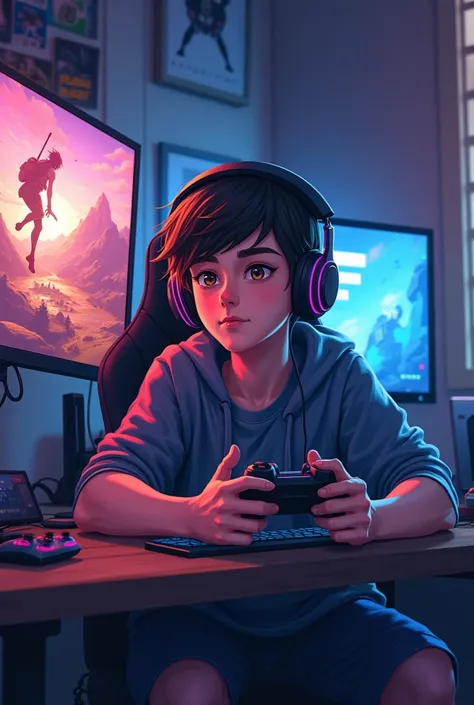 draw a young man doing lives in a room playing adventure and action games