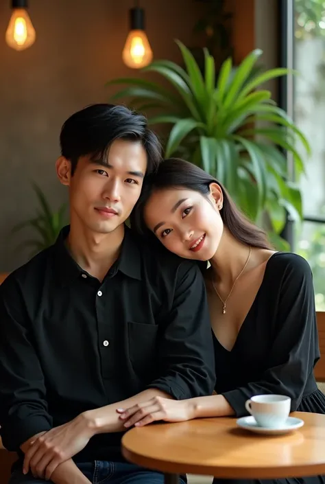 A photo of a Vietnamese couple sitting at a café. The young man is wearing a black modern shirt and the very beautiful young wom...