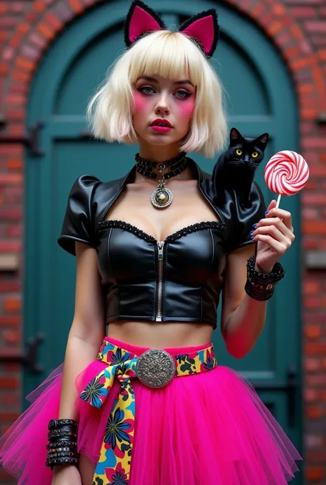 beautiful blonde girl with short hair with bright makeup with black ears on her head in a black and pink leather top in a bright...