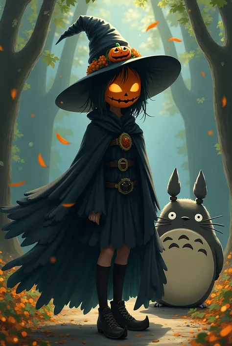 Wearing a Jack-o&#39;-Lantern mask and a witch&#39;s tricorn hat、With a black cloak、Ghibli&#39;s Totoro wearing pointy shoes