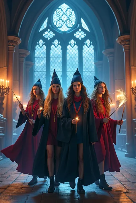 4 female friends in Hogwarts in main hall in adventurous, mysterious, thriller with magical wands
etc. story book poster