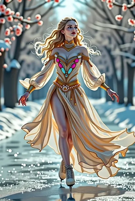 a version of dc сomics golden glider character dressed in french 17th century baroque inspired figure skating dress, decorated w...