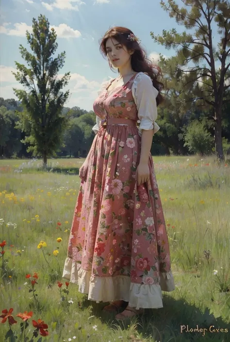 a plus size woman with a flowy flower dress. blood red hair, amber brown eyes. standing in a field of flowers. soft plump lips. ...