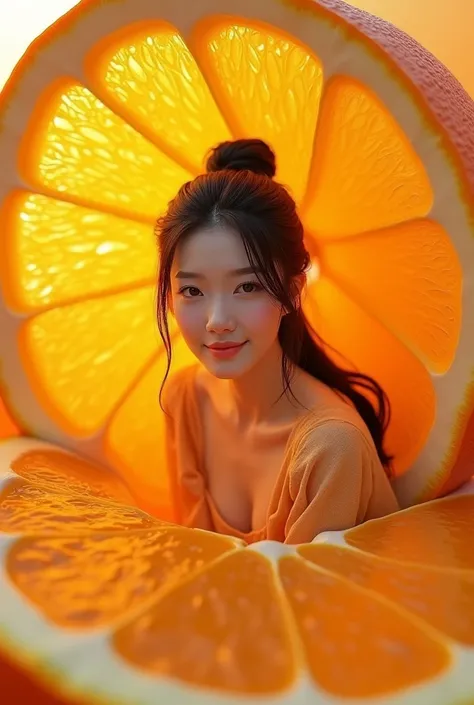 A real scene where there is a beautiful Korean woman,smooth white skin,,black hair in a Korean-style bun ,orange shirt , knee le...